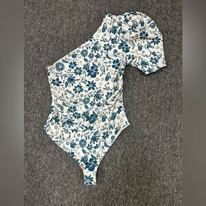 Free People Intimately Floral Print Bodysuit - One Shoulder Puff Sleeve XS